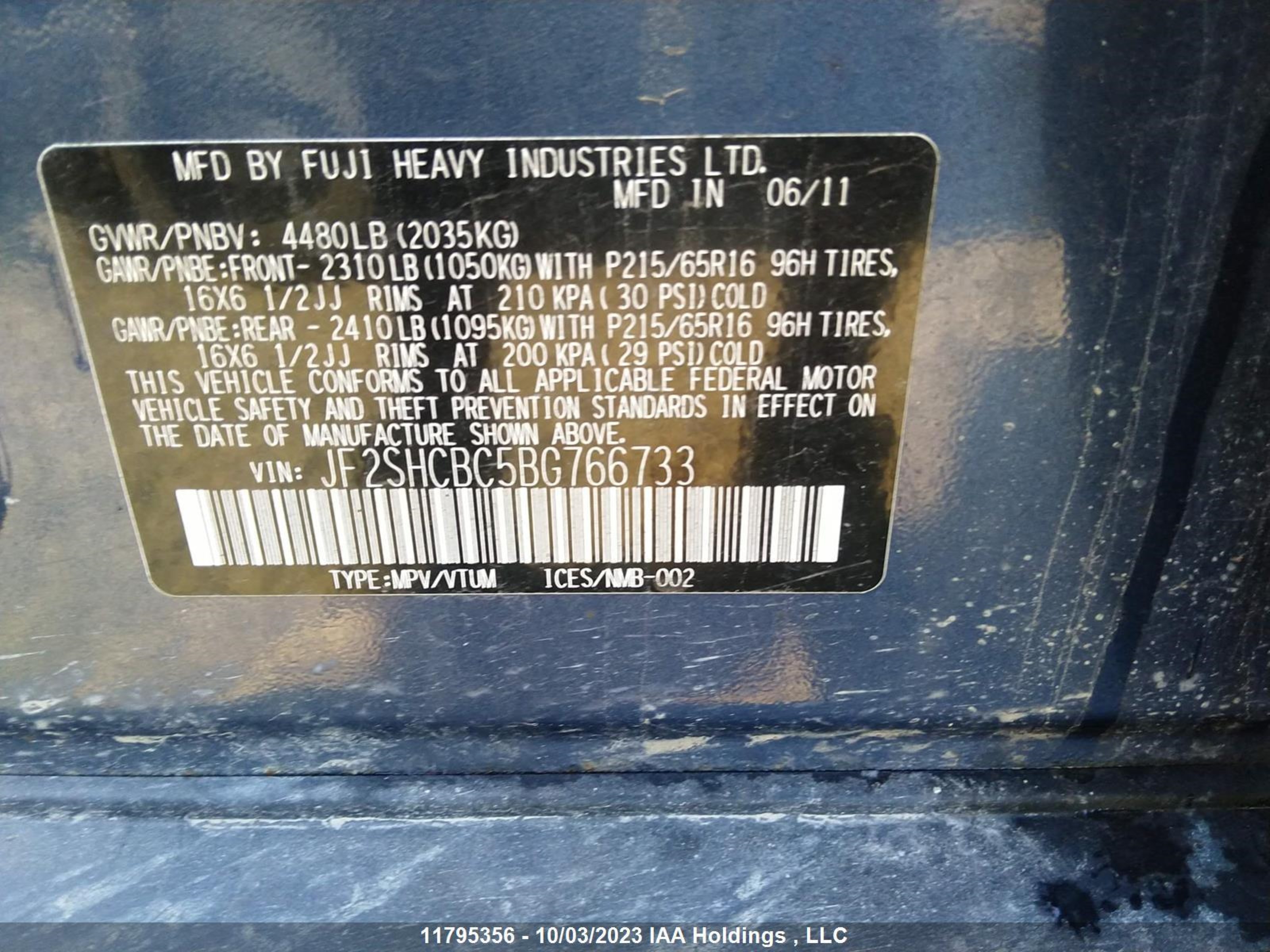 Photo 8 VIN: JF2SHCBC5BG766733 - SUBARU FORESTER 