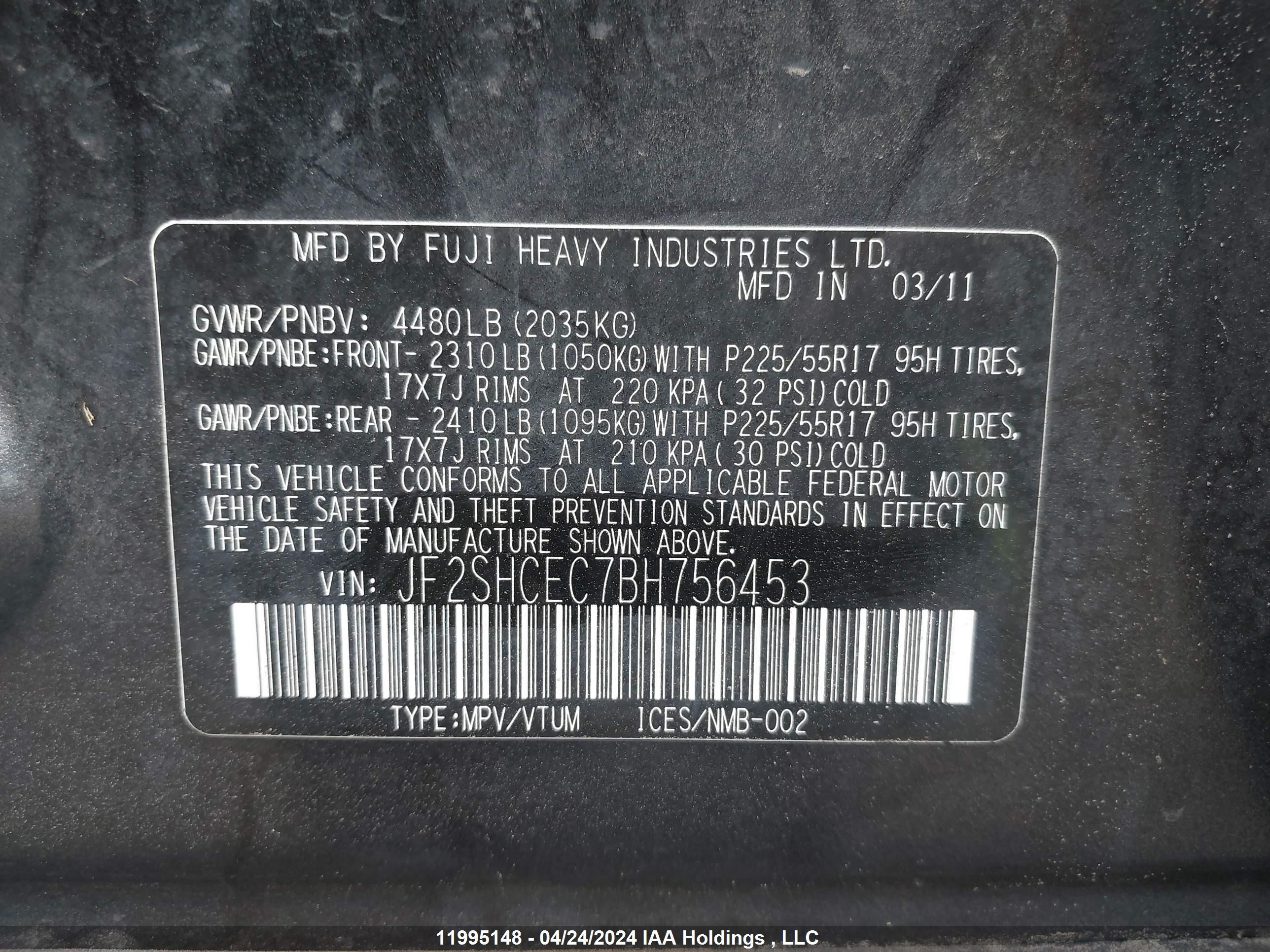 Photo 8 VIN: JF2SHCEC7BH756453 - SUBARU FORESTER 