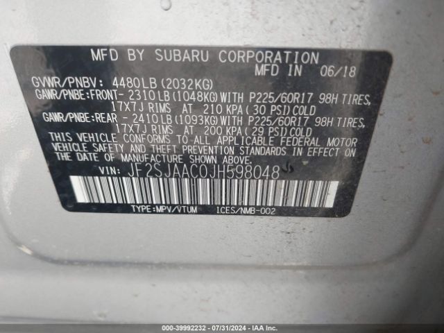 Photo 8 VIN: JF2SJAAC0JH598048 - SUBARU FORESTER 