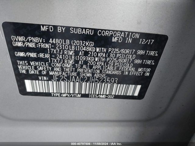 Photo 8 VIN: JF2SJAAC2JH523593 - SUBARU FORESTER 