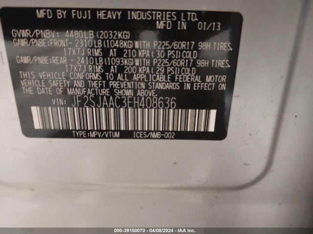 Photo 8 VIN: JF2SJAAC3EH408636 - SUBARU FORESTER 