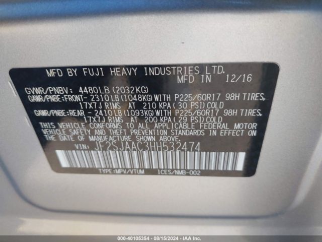 Photo 8 VIN: JF2SJAAC3HH532474 - SUBARU FORESTER 