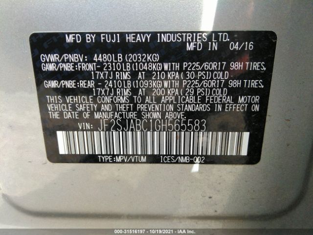 Photo 8 VIN: JF2SJABC1GH565583 - SUBARU FORESTER 