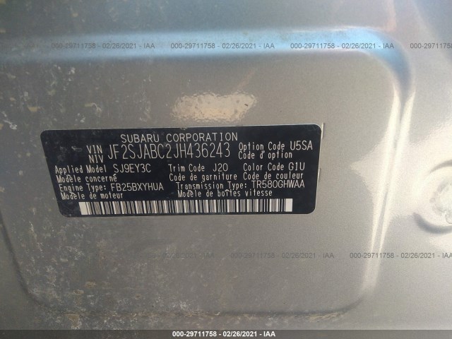 Photo 8 VIN: JF2SJABC2JH436243 - SUBARU FORESTER 