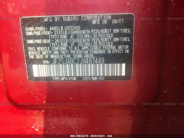 Photo 8 VIN: JF2SJABC2JH487449 - SUBARU FORESTER 