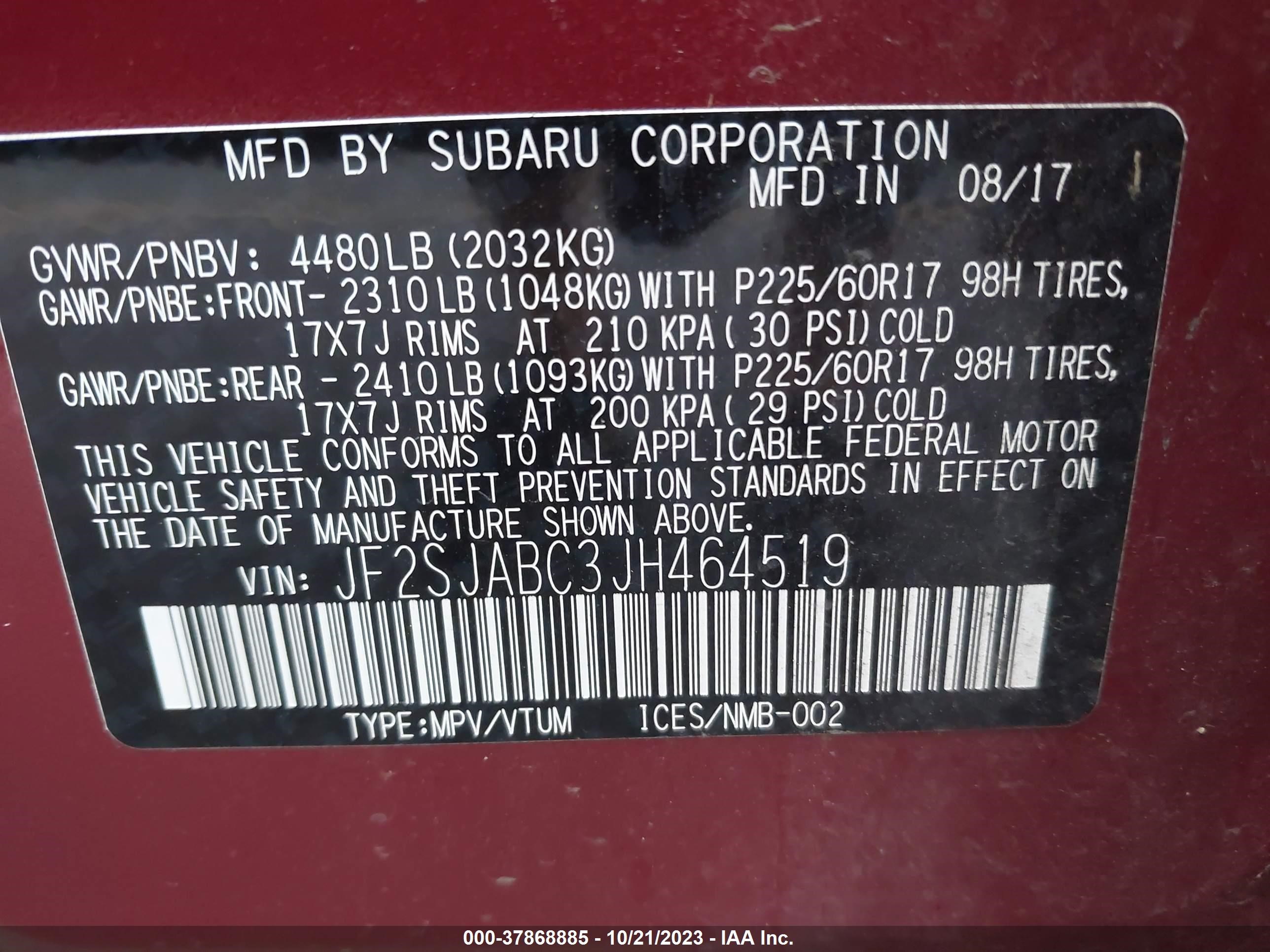 Photo 8 VIN: JF2SJABC3JH464519 - SUBARU FORESTER 