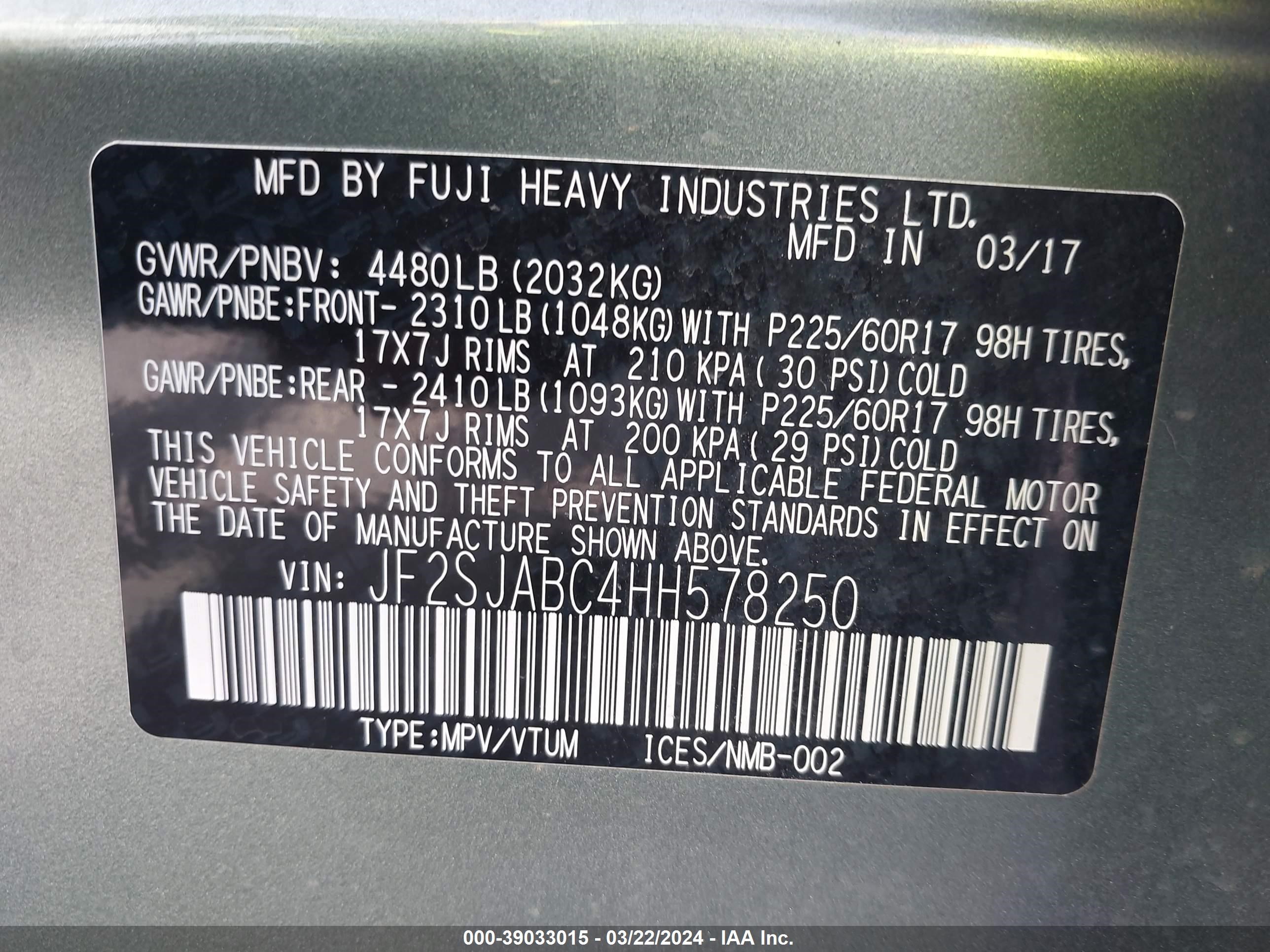 Photo 8 VIN: JF2SJABC4HH578250 - SUBARU FORESTER 