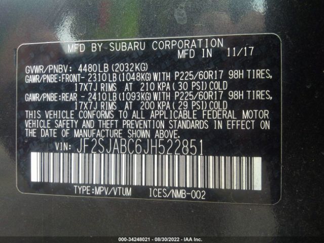 Photo 8 VIN: JF2SJABC6JH522851 - SUBARU FORESTER 