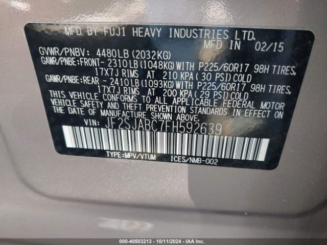 Photo 8 VIN: JF2SJABC7FH592639 - SUBARU FORESTER 