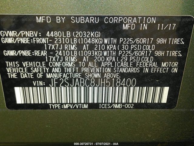 Photo 8 VIN: JF2SJABC8JH518400 - SUBARU FORESTER 