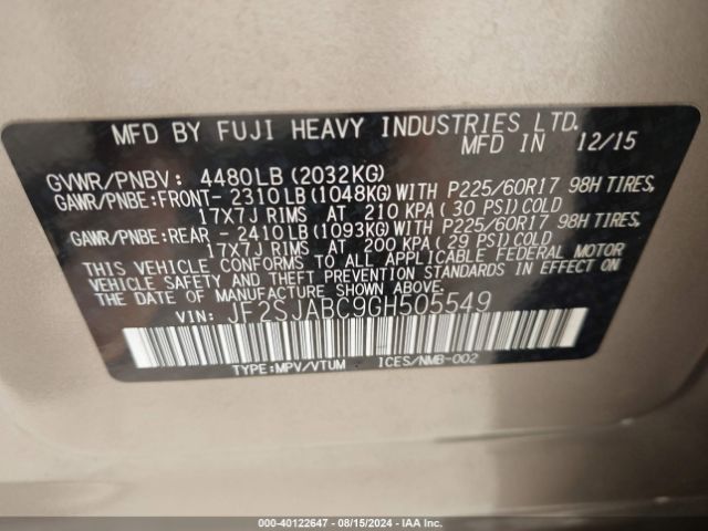 Photo 8 VIN: JF2SJABC9GH505549 - SUBARU FORESTER 