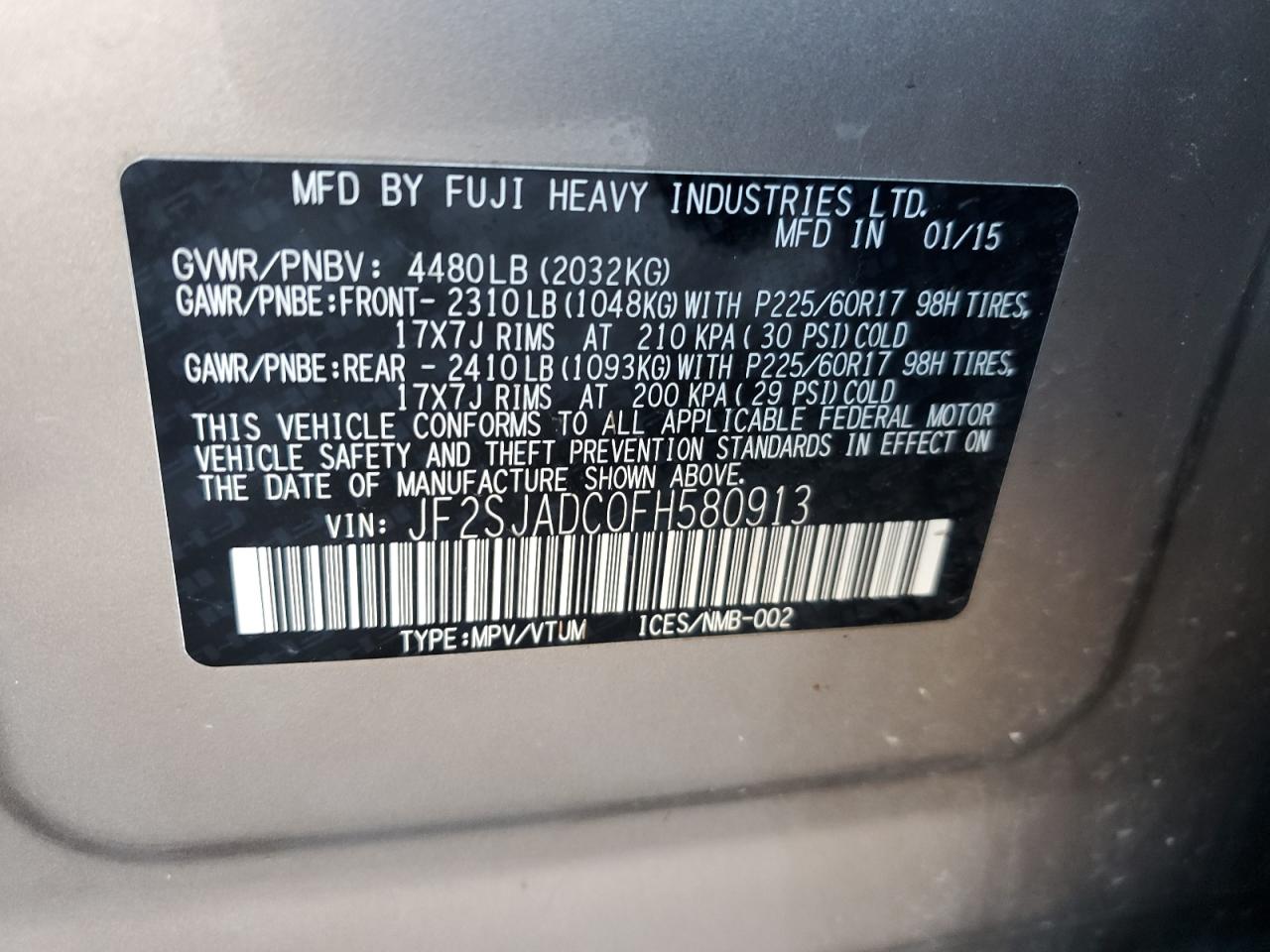 Photo 13 VIN: JF2SJADC0FH580913 - SUBARU FORESTER 