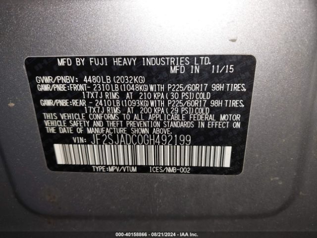 Photo 8 VIN: JF2SJADC0GH492199 - SUBARU FORESTER 