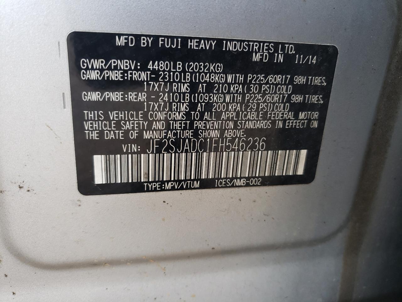 Photo 12 VIN: JF2SJADC1FH546236 - SUBARU FORESTER 