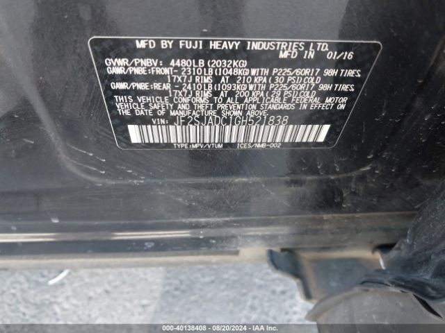 Photo 8 VIN: JF2SJADC1GH521838 - SUBARU FORESTER 