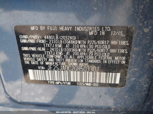 Photo 8 VIN: JF2SJADC2GH503302 - SUBARU FORESTER 