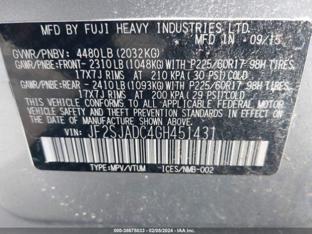 Photo 8 VIN: JF2SJADC4GH451431 - SUBARU FORESTER 