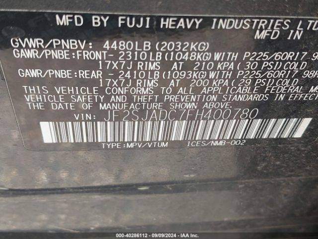 Photo 8 VIN: JF2SJADC7FH400780 - SUBARU FORESTER 