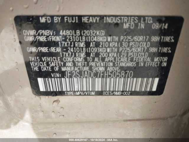 Photo 8 VIN: JF2SJADC7FH505870 - SUBARU FORESTER 