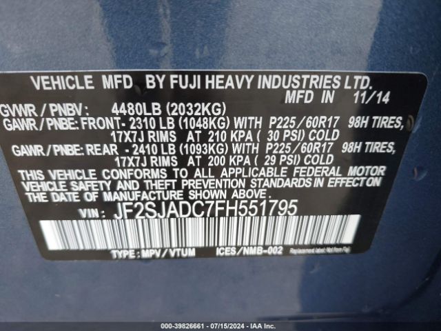 Photo 8 VIN: JF2SJADC7FH551795 - SUBARU FORESTER 