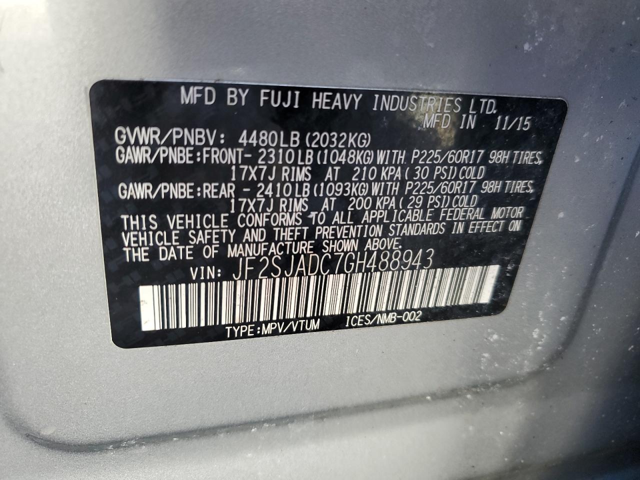 Photo 12 VIN: JF2SJADC7GH488943 - SUBARU FORESTER 