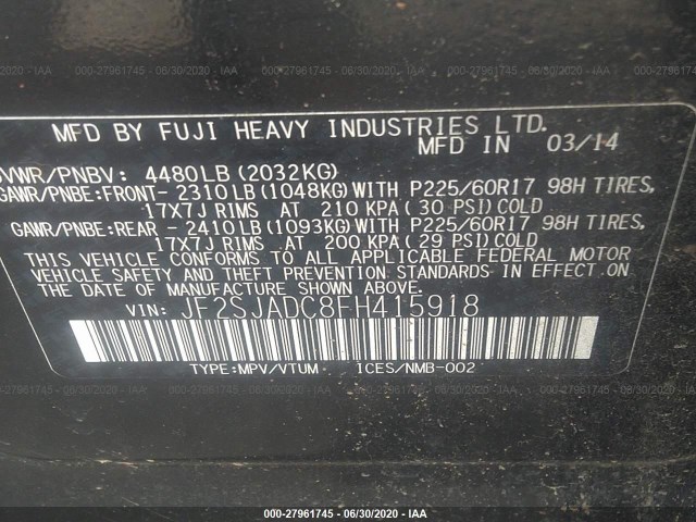 Photo 8 VIN: JF2SJADC8FH415918 - SUBARU FORESTER 