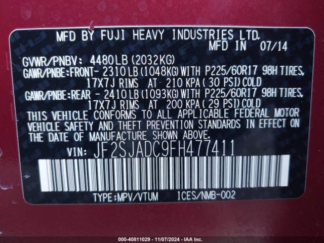 Photo 8 VIN: JF2SJADC9FH477411 - SUBARU FORESTER 