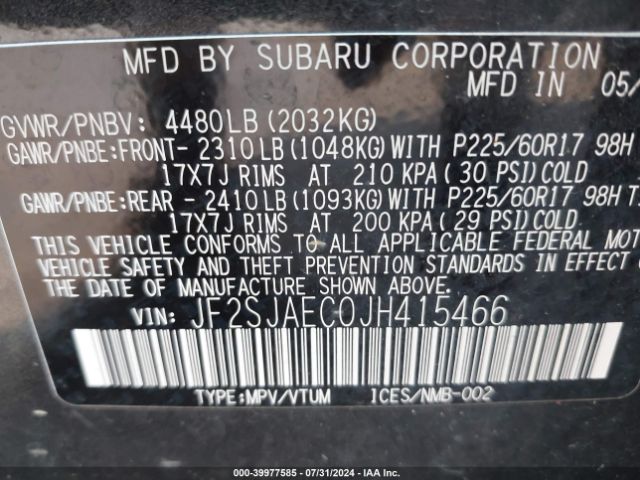 Photo 8 VIN: JF2SJAEC0JH415466 - SUBARU FORESTER 