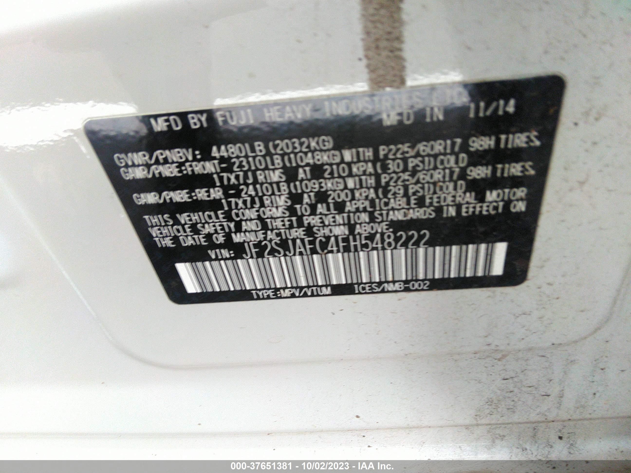 Photo 8 VIN: JF2SJAFC4FH548222 - SUBARU FORESTER 