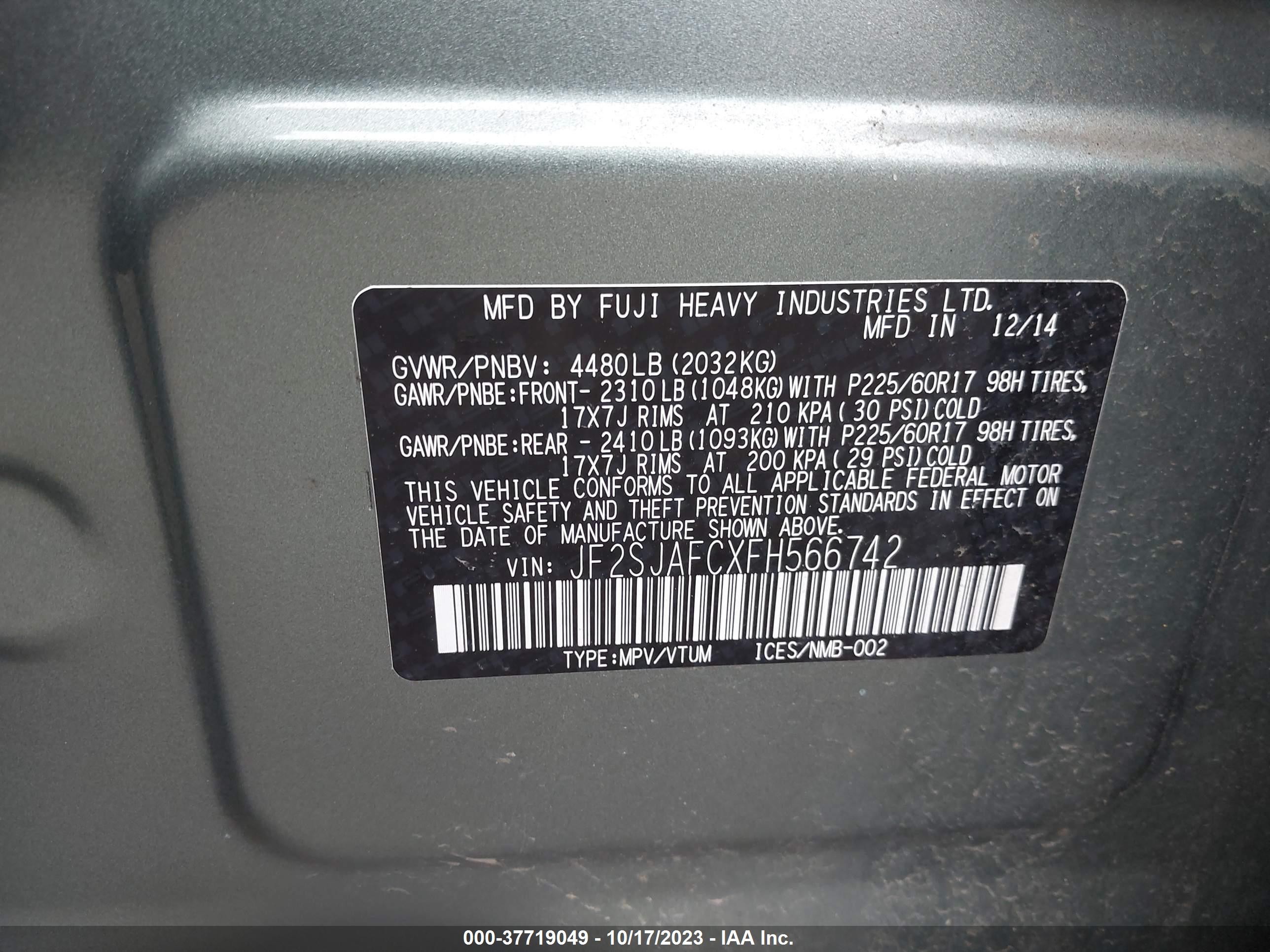 Photo 8 VIN: JF2SJAFCXFH566742 - SUBARU FORESTER 