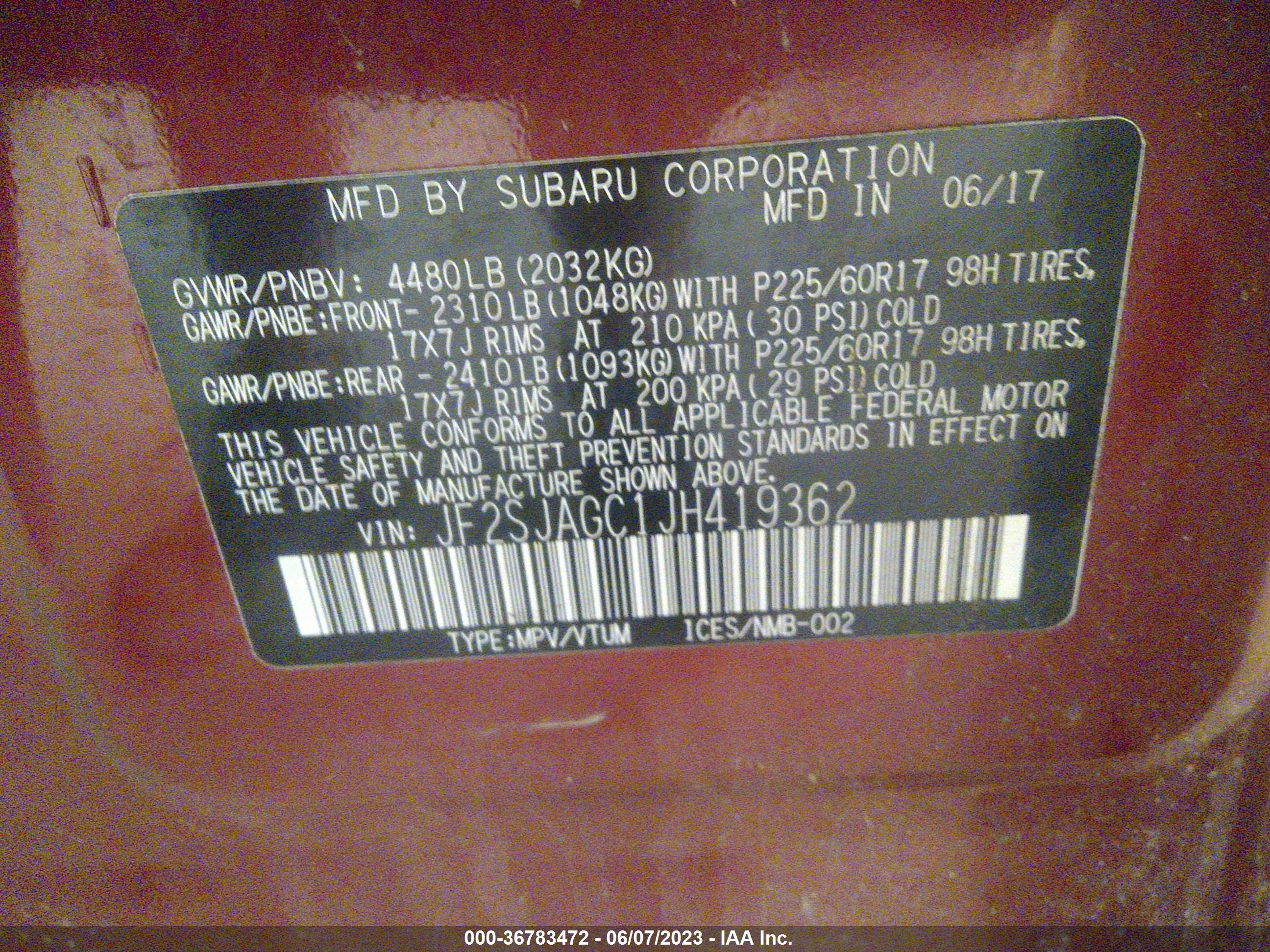 Photo 8 VIN: JF2SJAGC1JH419362 - SUBARU FORESTER 