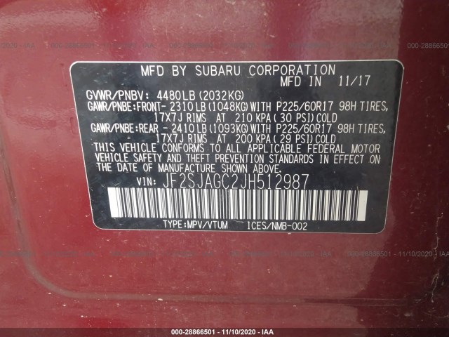 Photo 8 VIN: JF2SJAGC2JH512987 - SUBARU FORESTER 