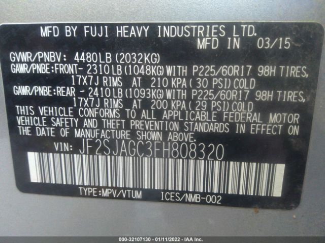 Photo 8 VIN: JF2SJAGC3FH808320 - SUBARU FORESTER 