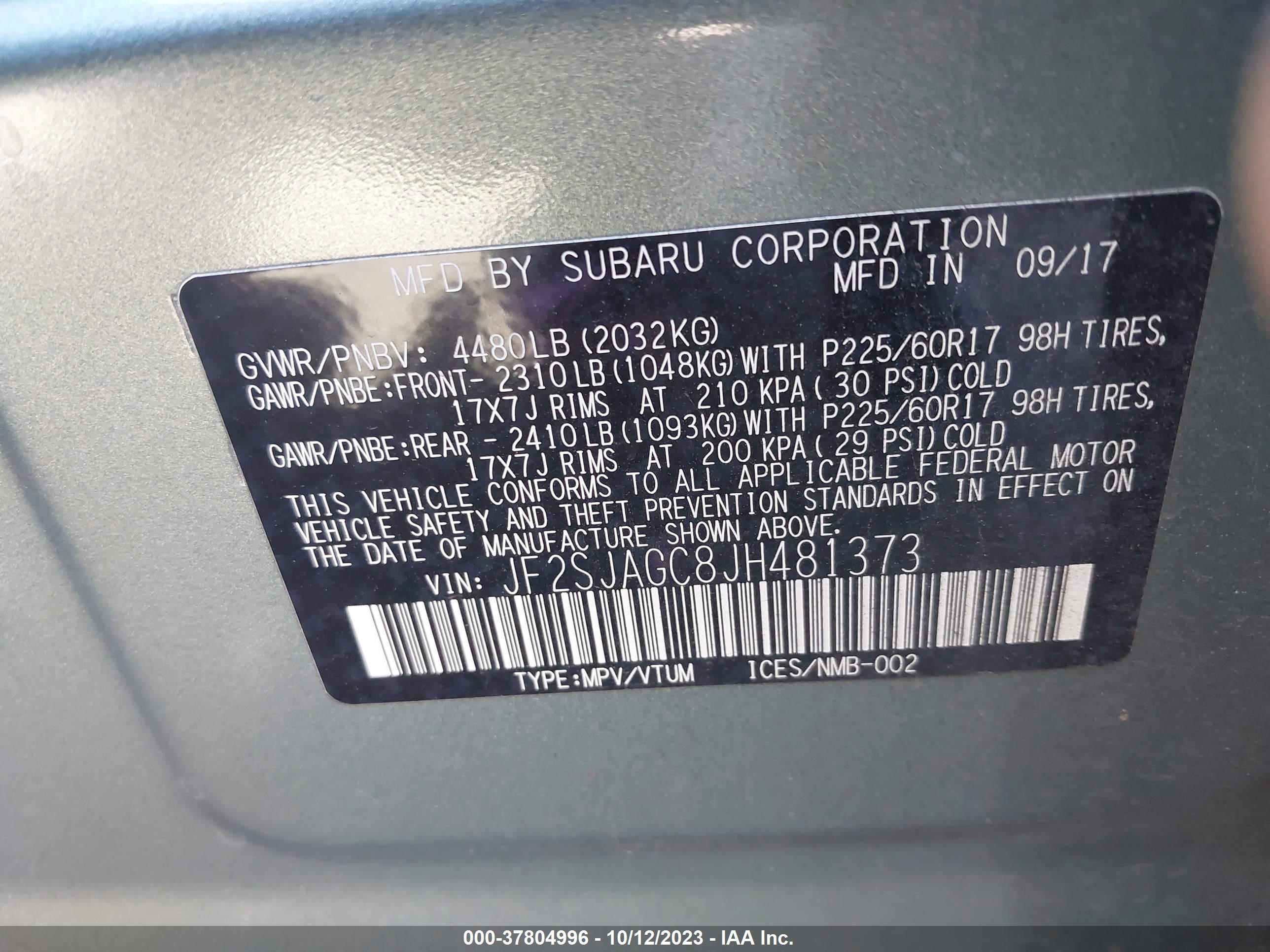 Photo 8 VIN: JF2SJAGC8JH481373 - SUBARU FORESTER 