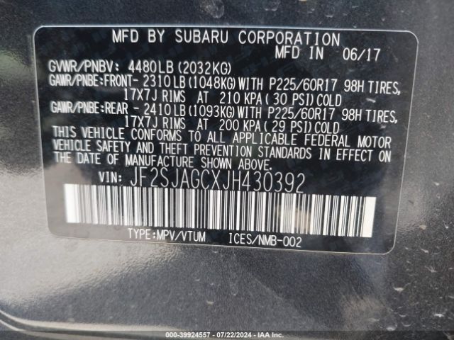 Photo 8 VIN: JF2SJAGCXJH430392 - SUBARU FORESTER 