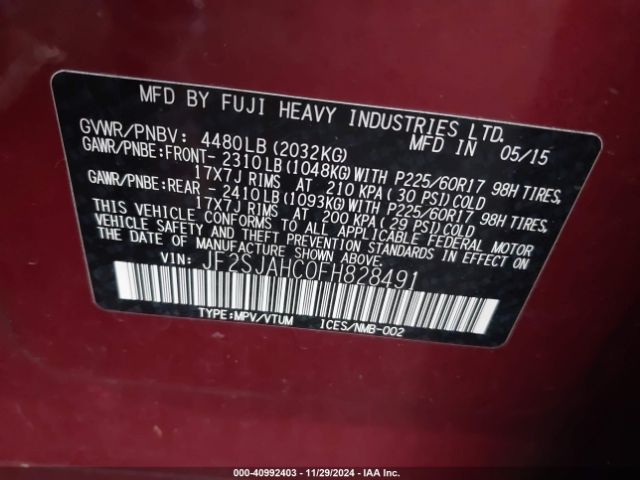 Photo 8 VIN: JF2SJAHC0FH828491 - SUBARU FORESTER 