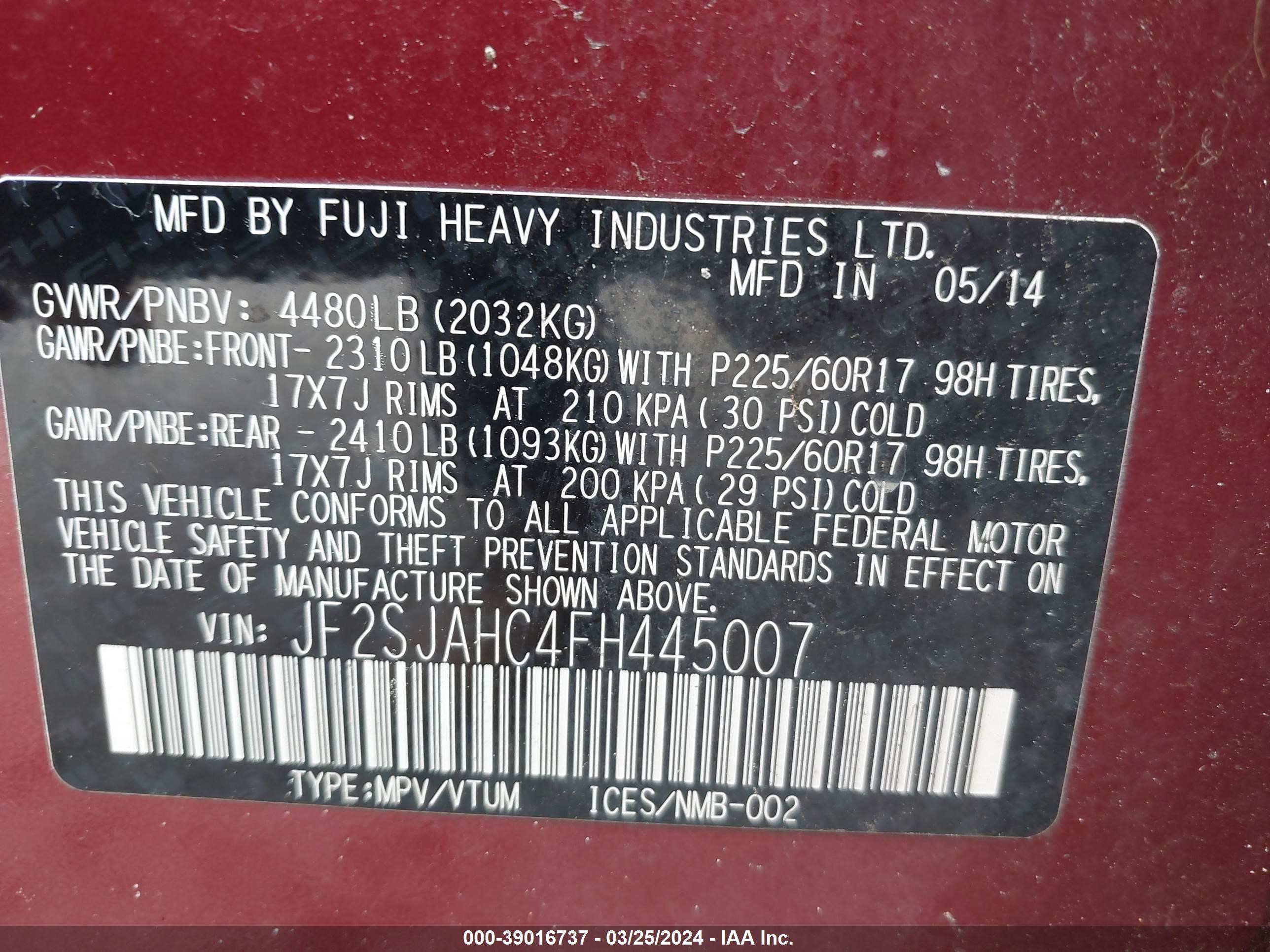 Photo 8 VIN: JF2SJAHC4FH445007 - SUBARU FORESTER 