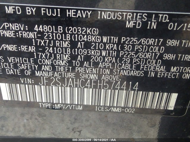 Photo 8 VIN: JF2SJAHC4FH574414 - SUBARU FORESTER 