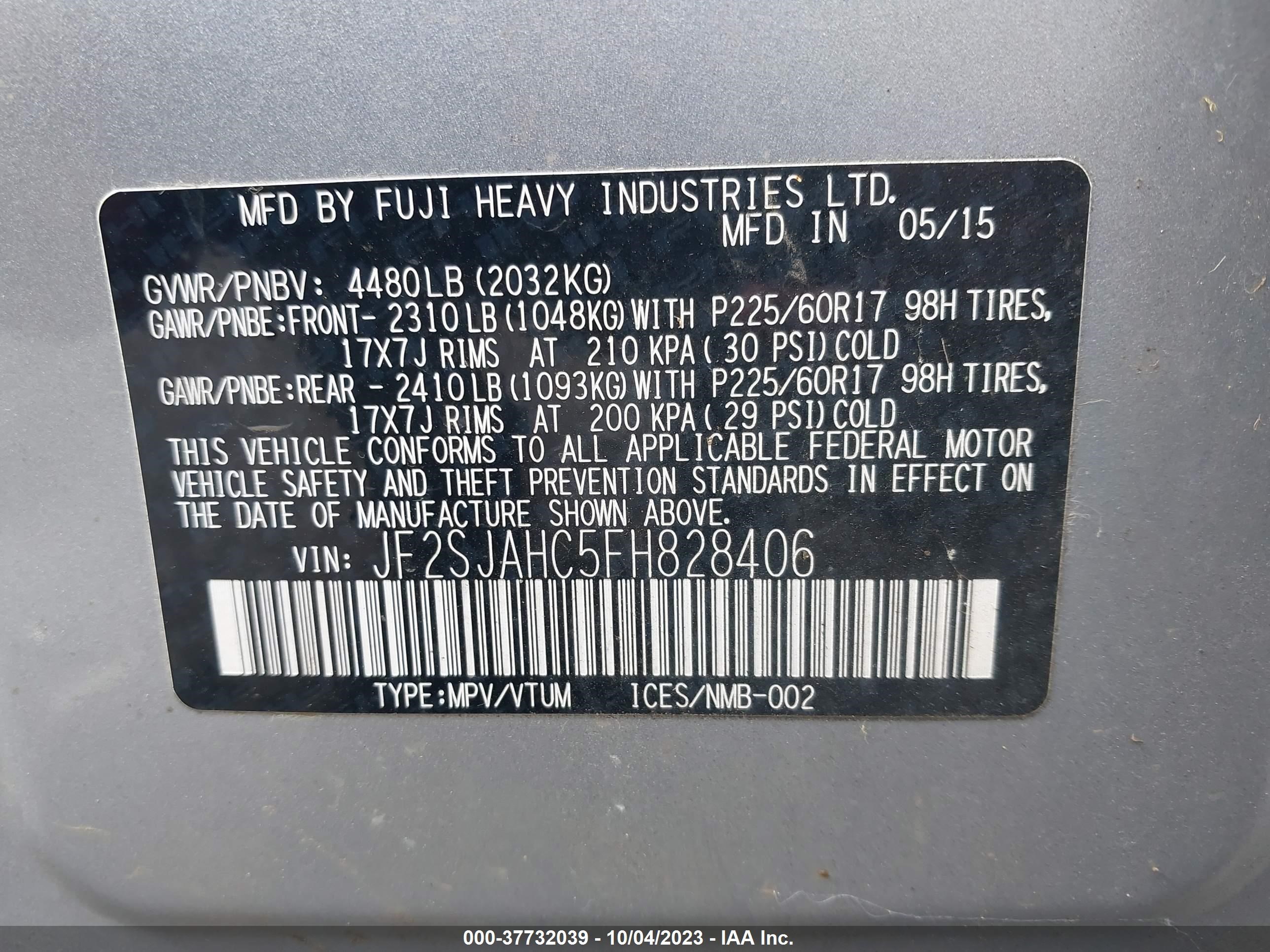 Photo 8 VIN: JF2SJAHC5FH828406 - SUBARU FORESTER 