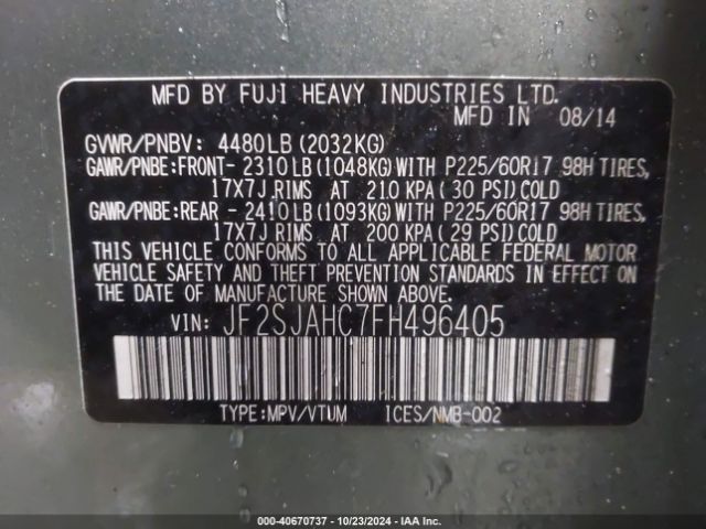 Photo 8 VIN: JF2SJAHC7FH496405 - SUBARU FORESTER 