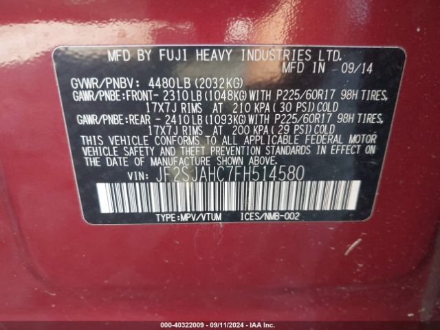 Photo 8 VIN: JF2SJAHC7FH514580 - SUBARU FORESTER 