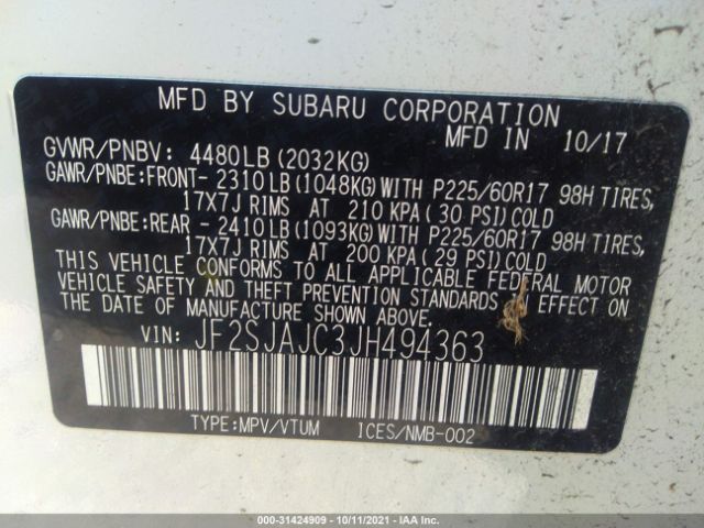 Photo 8 VIN: JF2SJAJC3JH494363 - SUBARU FORESTER 