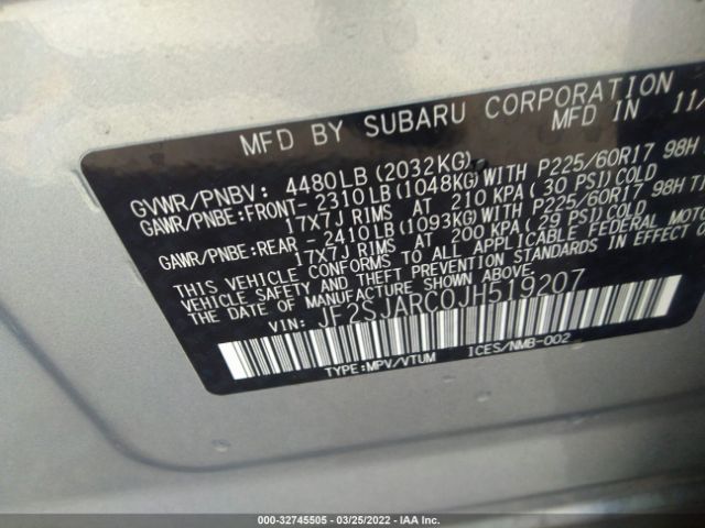 Photo 8 VIN: JF2SJARC0JH519207 - SUBARU FORESTER 