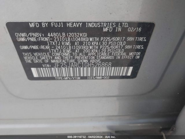 Photo 8 VIN: JF2SJARC1GH526868 - SUBARU FORESTER 