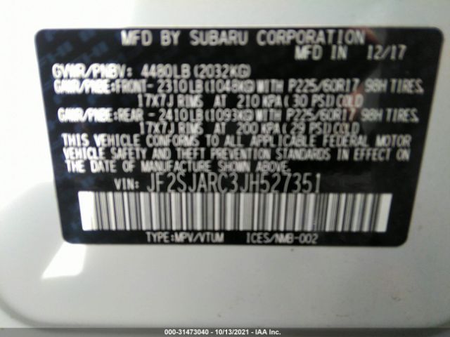 Photo 8 VIN: JF2SJARC3JH527351 - SUBARU FORESTER 