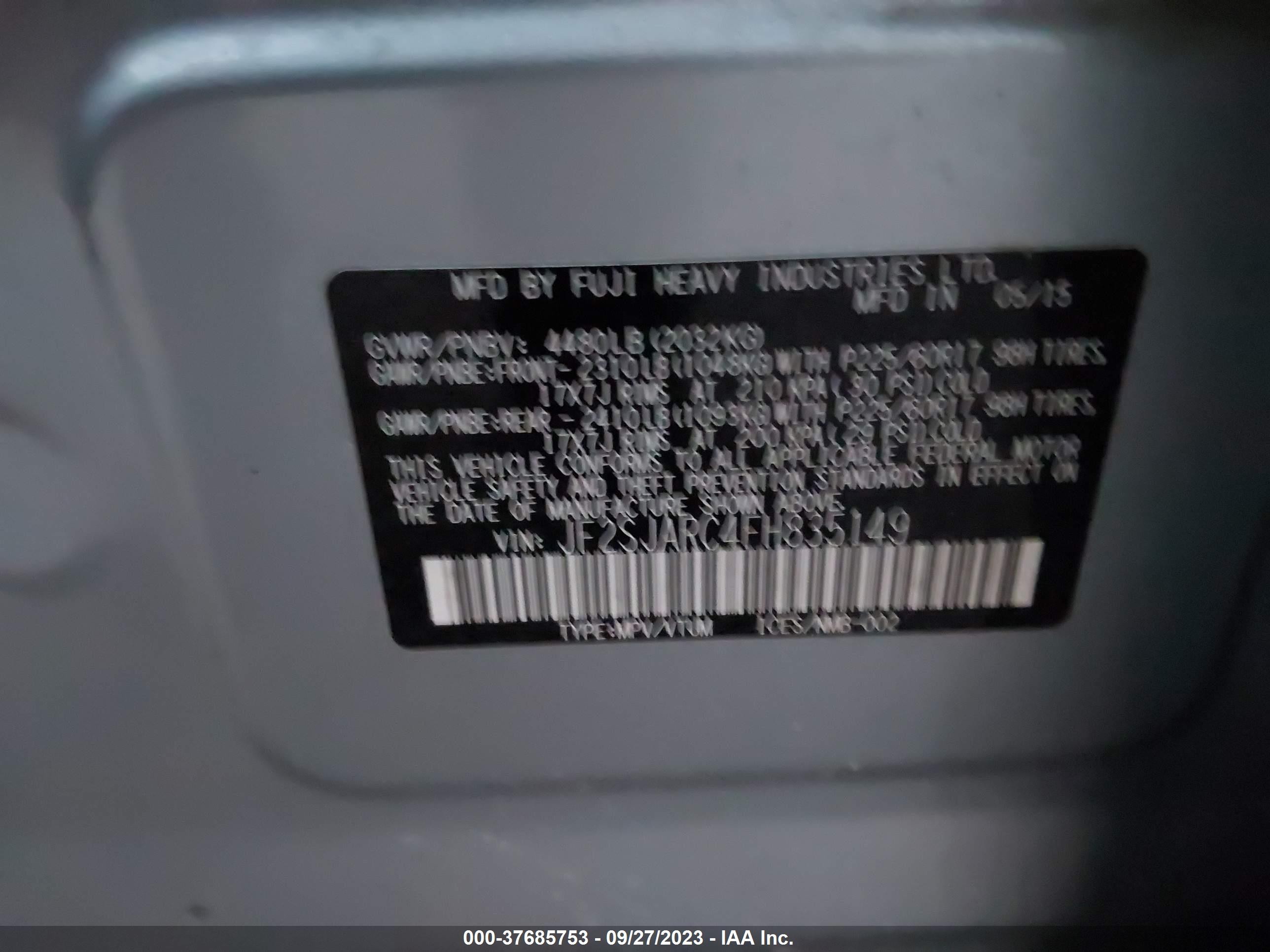 Photo 8 VIN: JF2SJARC4FH835149 - SUBARU FORESTER 