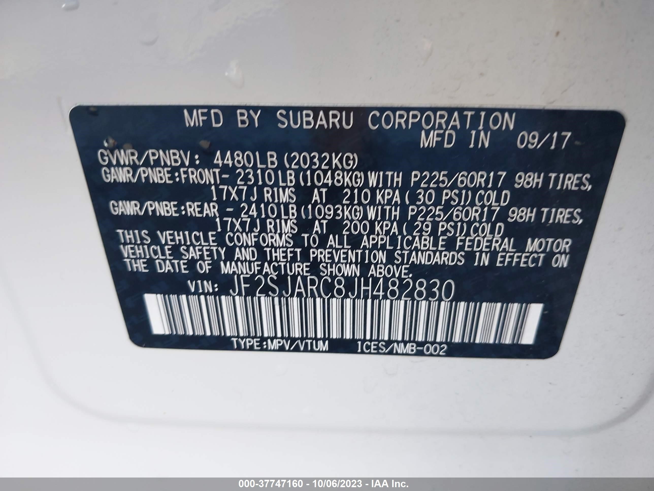 Photo 8 VIN: JF2SJARC8JH482830 - SUBARU FORESTER 