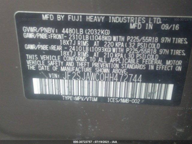 Photo 8 VIN: JF2SJAWC0HH472744 - SUBARU FORESTER 