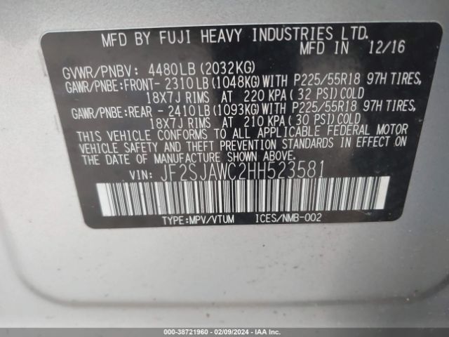 Photo 8 VIN: JF2SJAWC2HH523581 - SUBARU FORESTER 