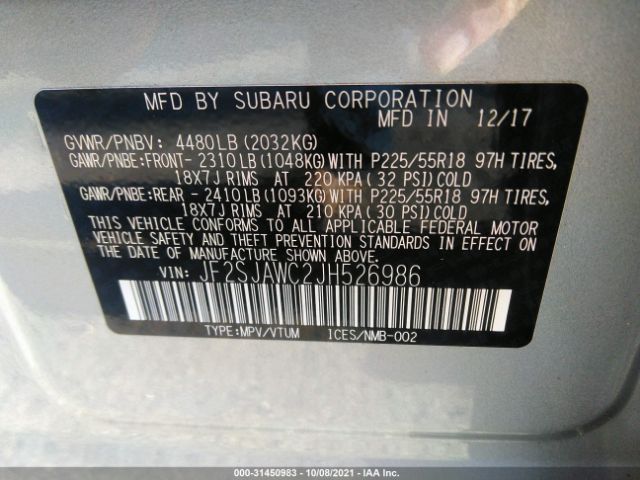 Photo 8 VIN: JF2SJAWC2JH526986 - SUBARU FORESTER 